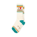 Pair of cream crew socks with teal, gold, and red stripes and 'I Heart Cowgirls' graphic.
