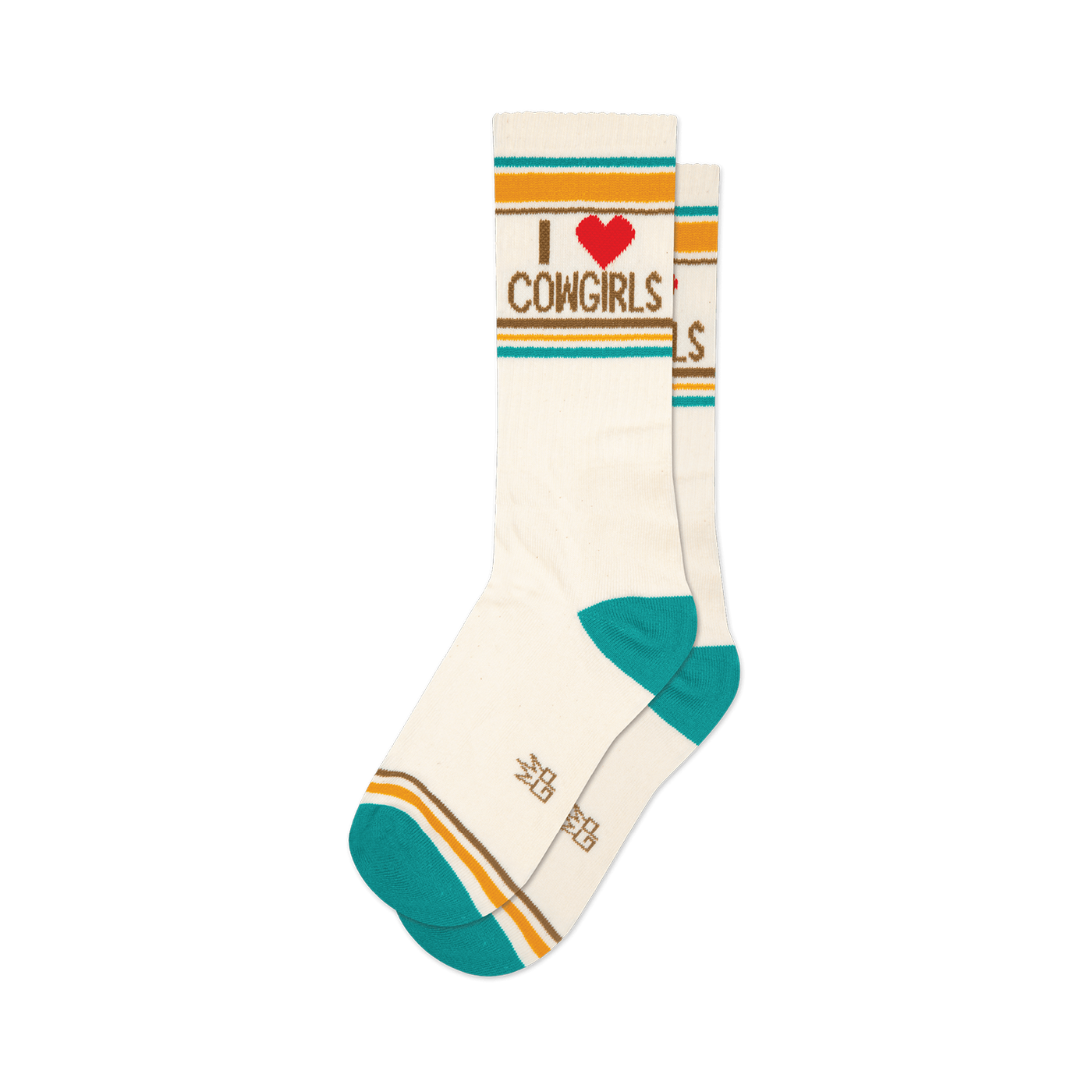 Pair of cream crew socks with teal, gold, and red stripes and 'I Heart Cowgirls' graphic.