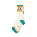 Pair of cream crew socks with teal, gold, and red stripes and 'I Heart Cowgirls' graphic.