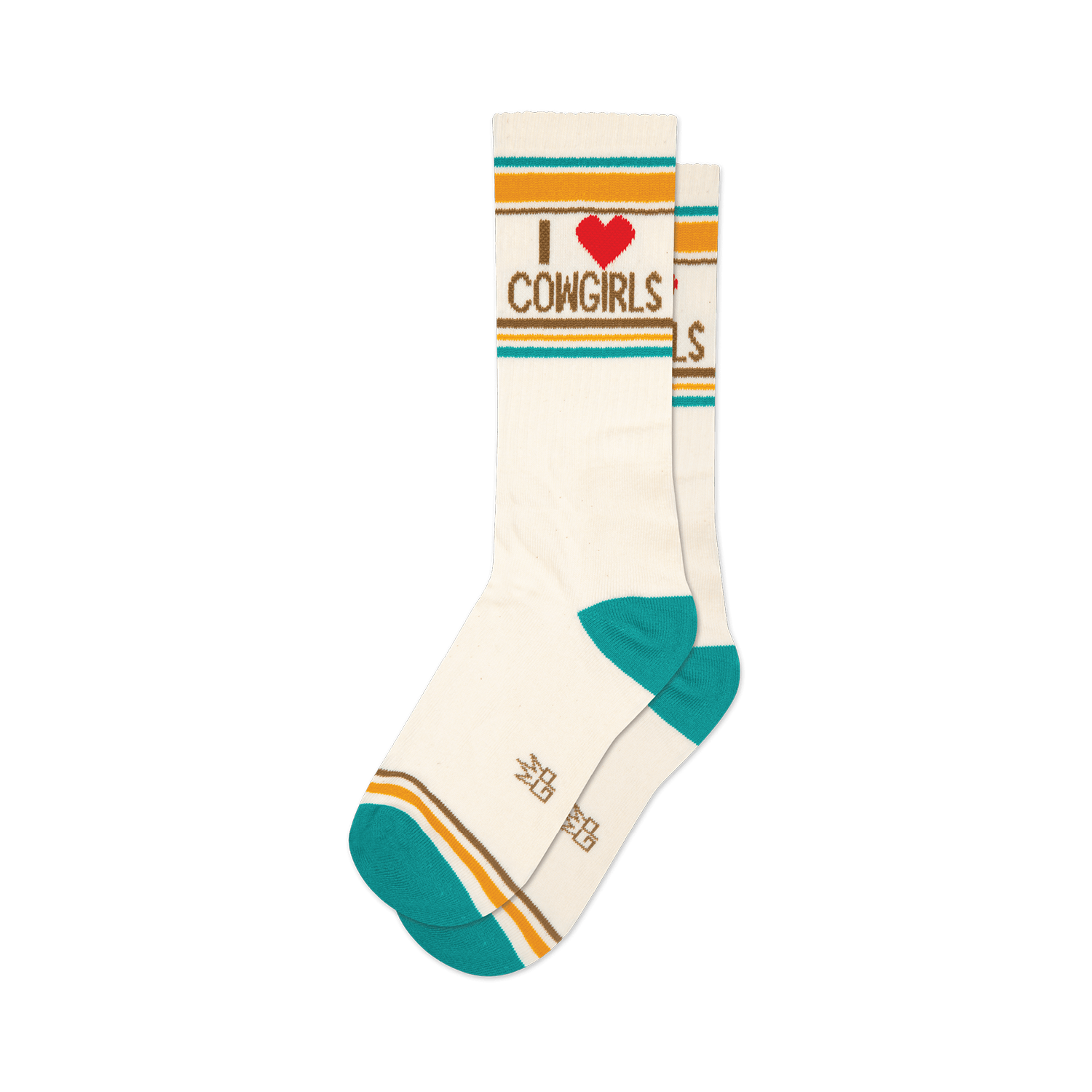 Pair of cream crew socks with teal, gold, and red stripes and 'I Heart Cowgirls' graphic.