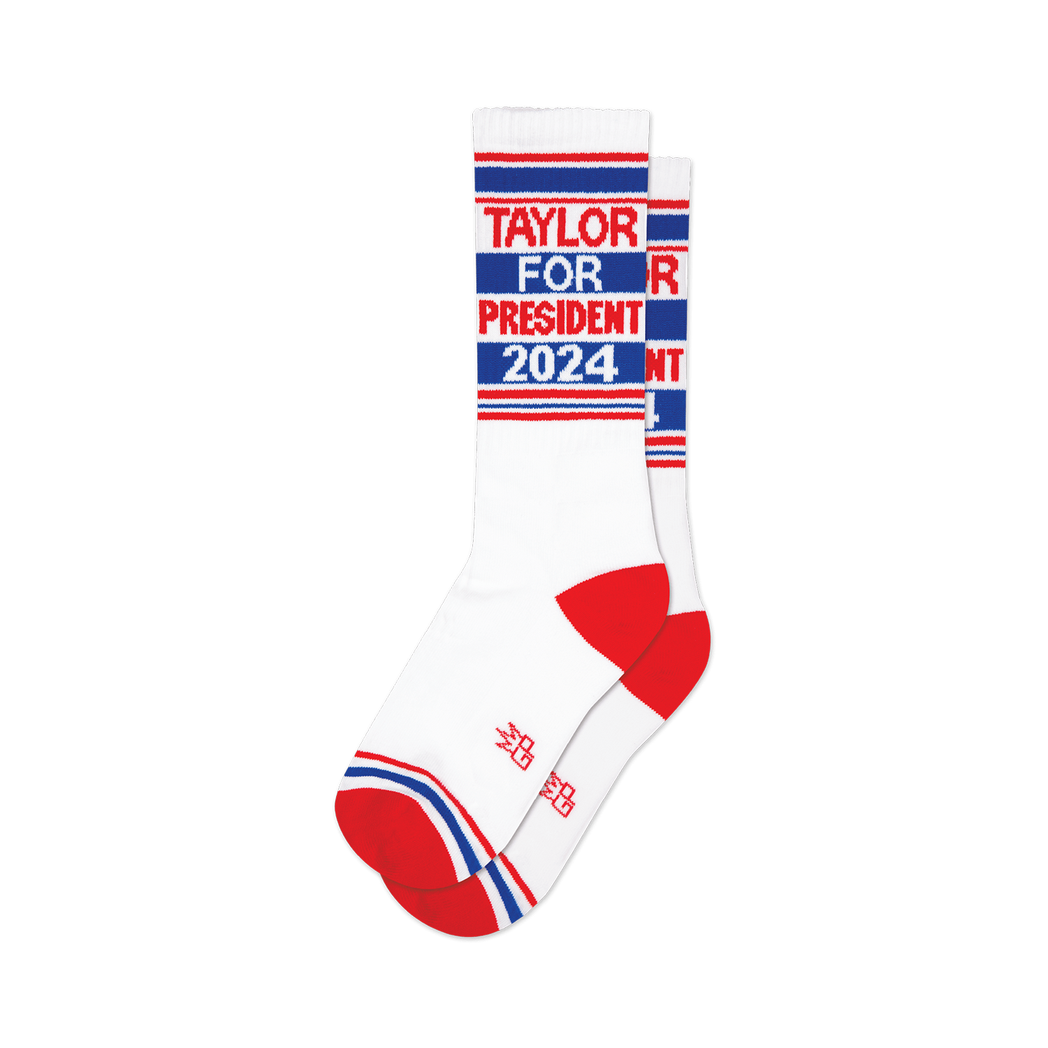Pair of white crew socks with red, white, and blue stripes and 'Taylor for President 2024' text.