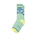 Pair of sage green crew socks with yellow and blue stripes. Text reads, "Easily Distracted By Birds."