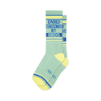 Pair of sage green crew socks with yellow and blue stripes. Text reads, "Easily Distracted By Birds."