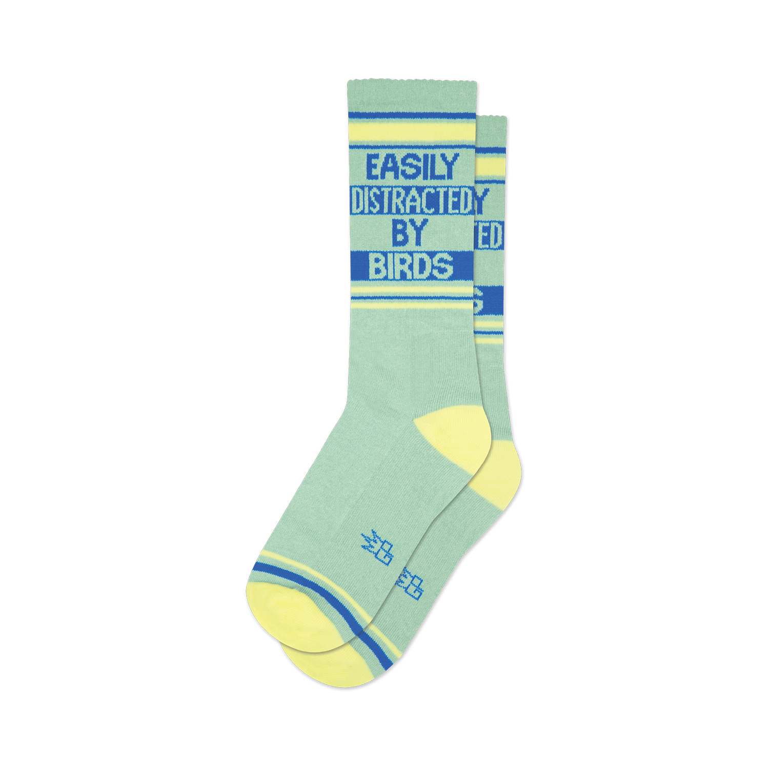 Pair of sage green crew socks with yellow and blue stripes. Text reads, "Easily Distracted By Birds."