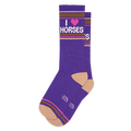 Pair of purple crew socks with 'I love horses' graphic and retro stripes.  Features pink heart and brown/tan stripes.