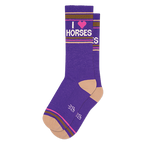 Pair of purple crew socks with 'I love horses' graphic and retro stripes.  Features pink heart and brown/tan stripes.