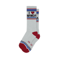Pair of cream crew socks with red and blue stripes and an 'I heart Manga' graphic. 