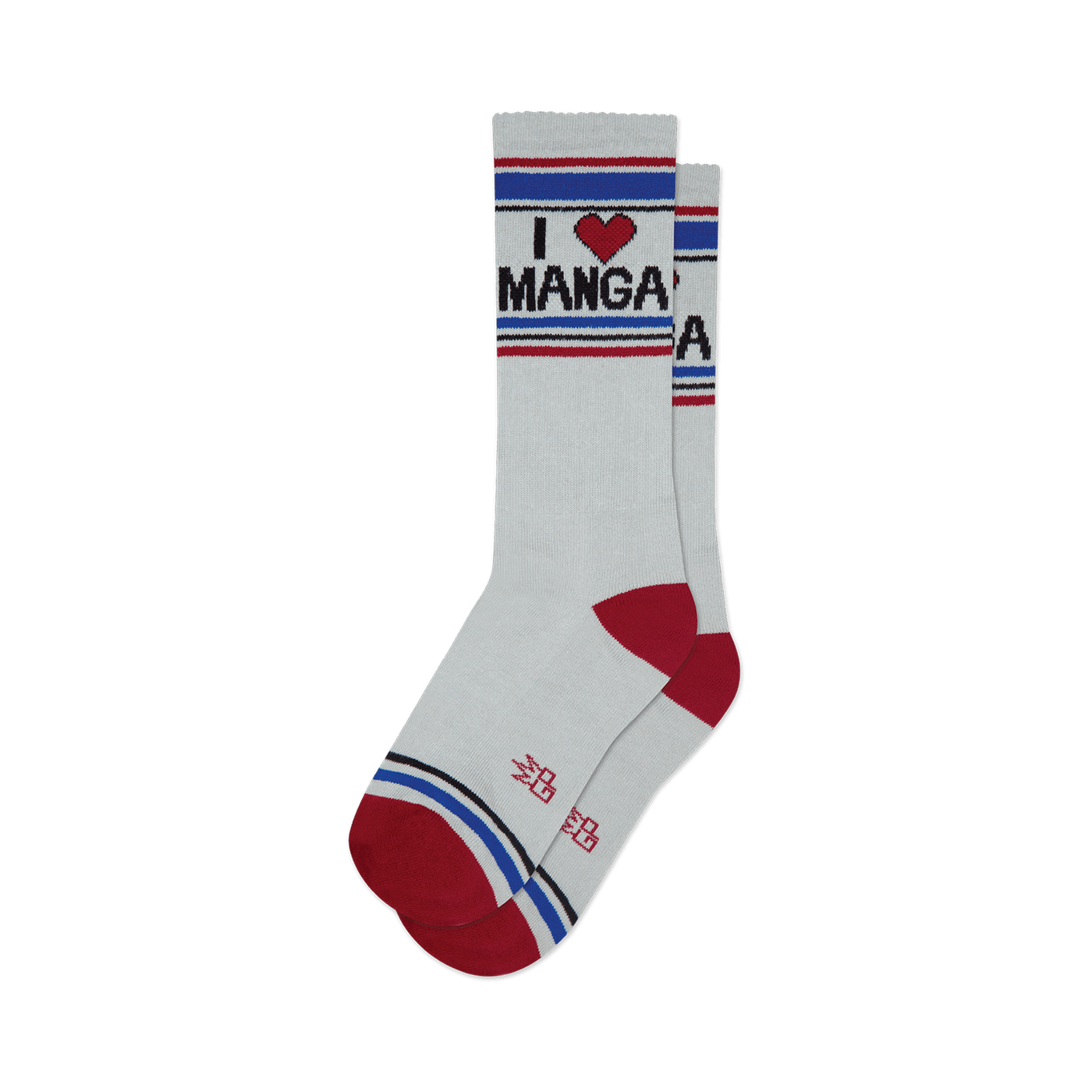 Pair of cream crew socks with red and blue stripes and an 'I heart Manga' graphic. 