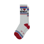 Pair of cream crew socks with red and blue stripes and an 'I heart Manga' graphic. 