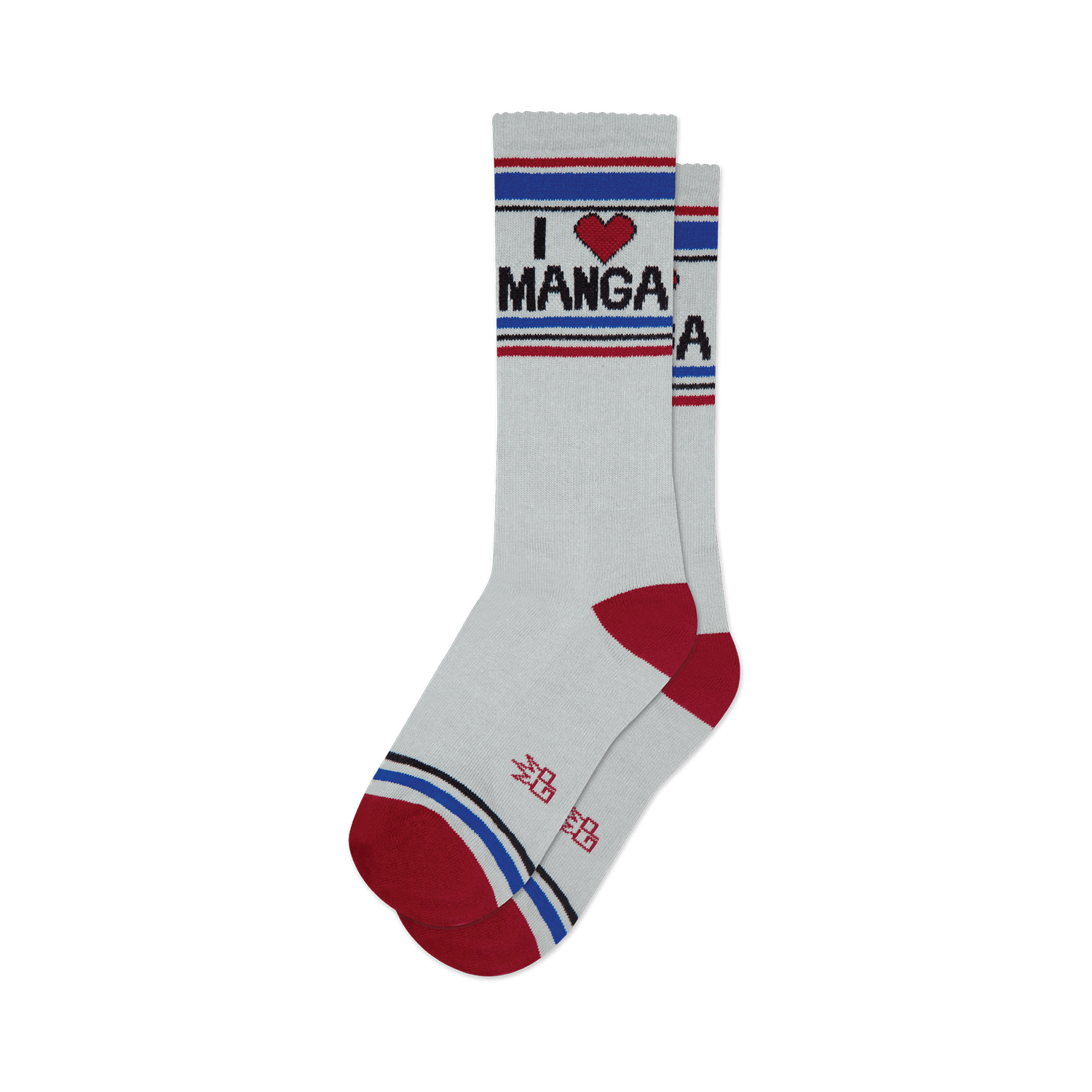 Pair of cream crew socks with red and blue stripes and an 'I heart Manga' graphic. 