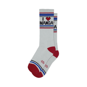 front view of a pair of white socks with red, blue, and black stripes.  the socks say 'i [heart] manga' on them.