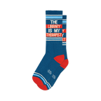 Pair of teal crew socks with orange and white stripes. Text reads: 'The Library Is My Therapist'.