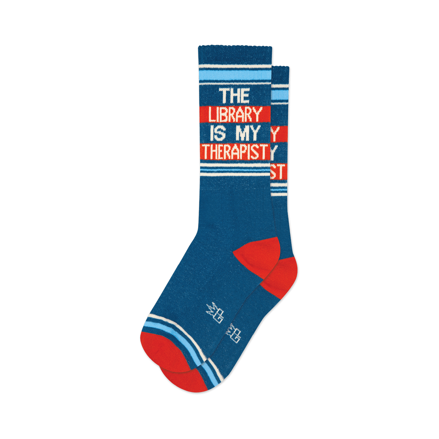 Pair of teal crew socks with orange and white stripes. Text reads: 'The Library Is My Therapist'.