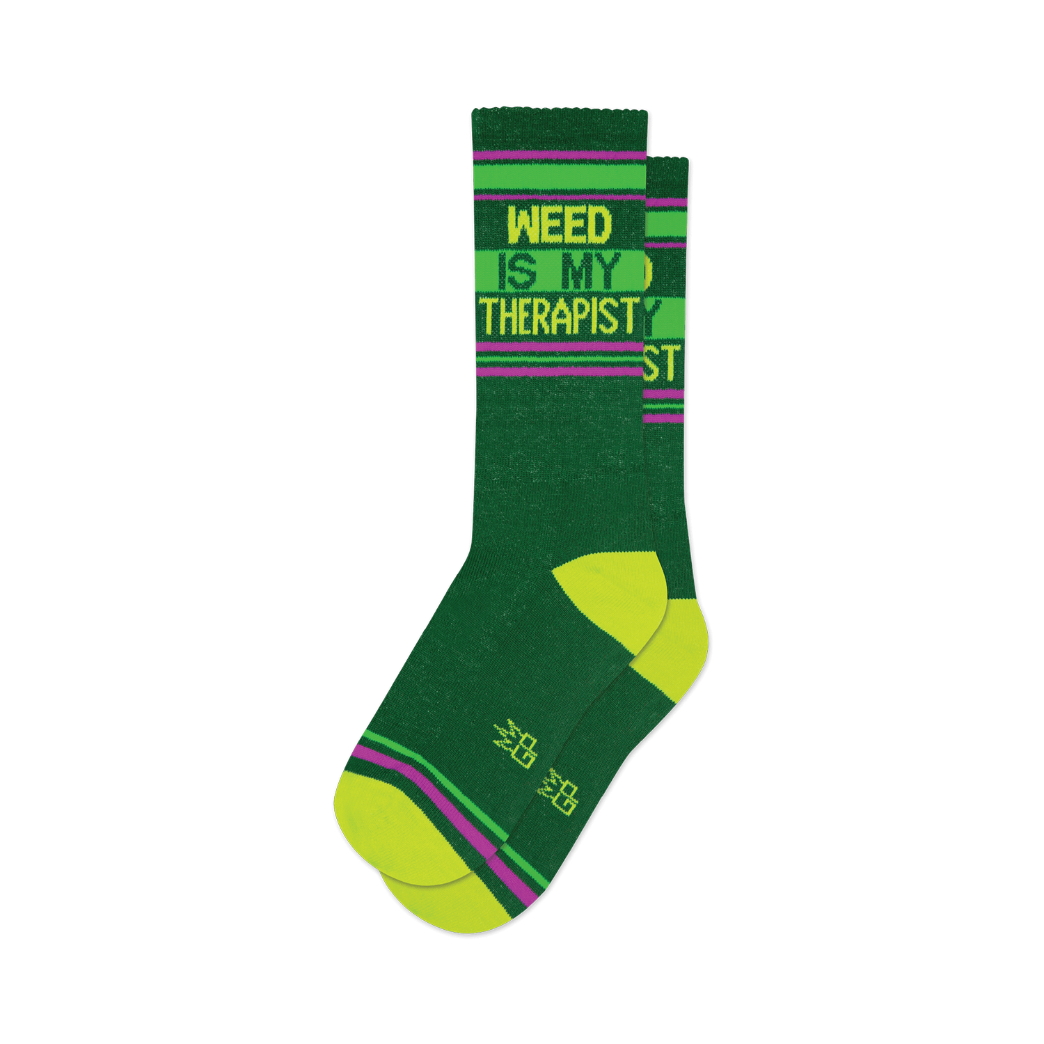 Pair of dark green crew socks with lime green and purple stripes and the text 'Weed Is My Therapist'.