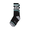 Pair of black crew socks with teal and white stripes and the text 'Yoga Is My Therapist'.