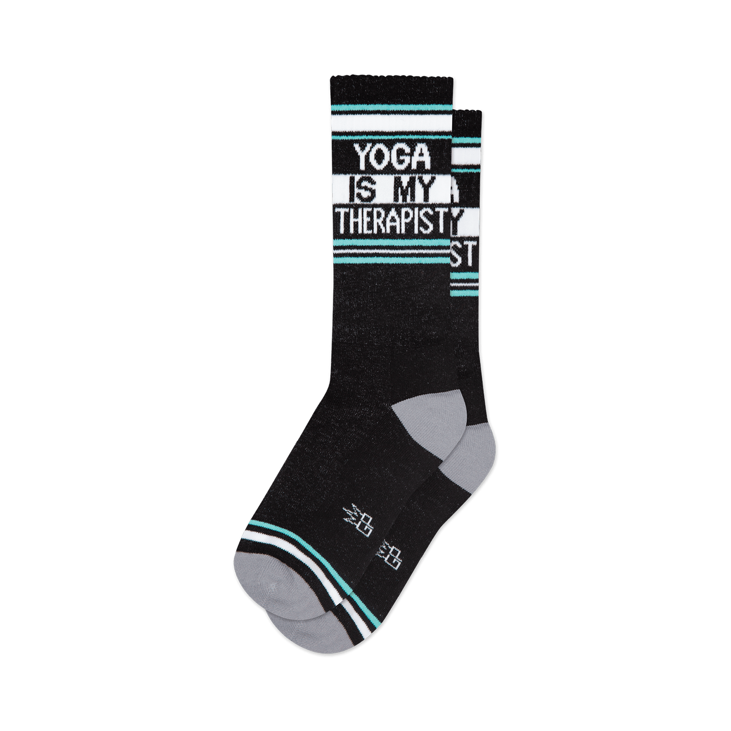 Pair of black crew socks with teal and white stripes and the text 'Yoga Is My Therapist'.