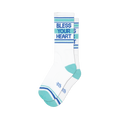 White crew socks featuring "Bless Your Heart" in blue and teal text, with matching stripes, teal heel and toe.