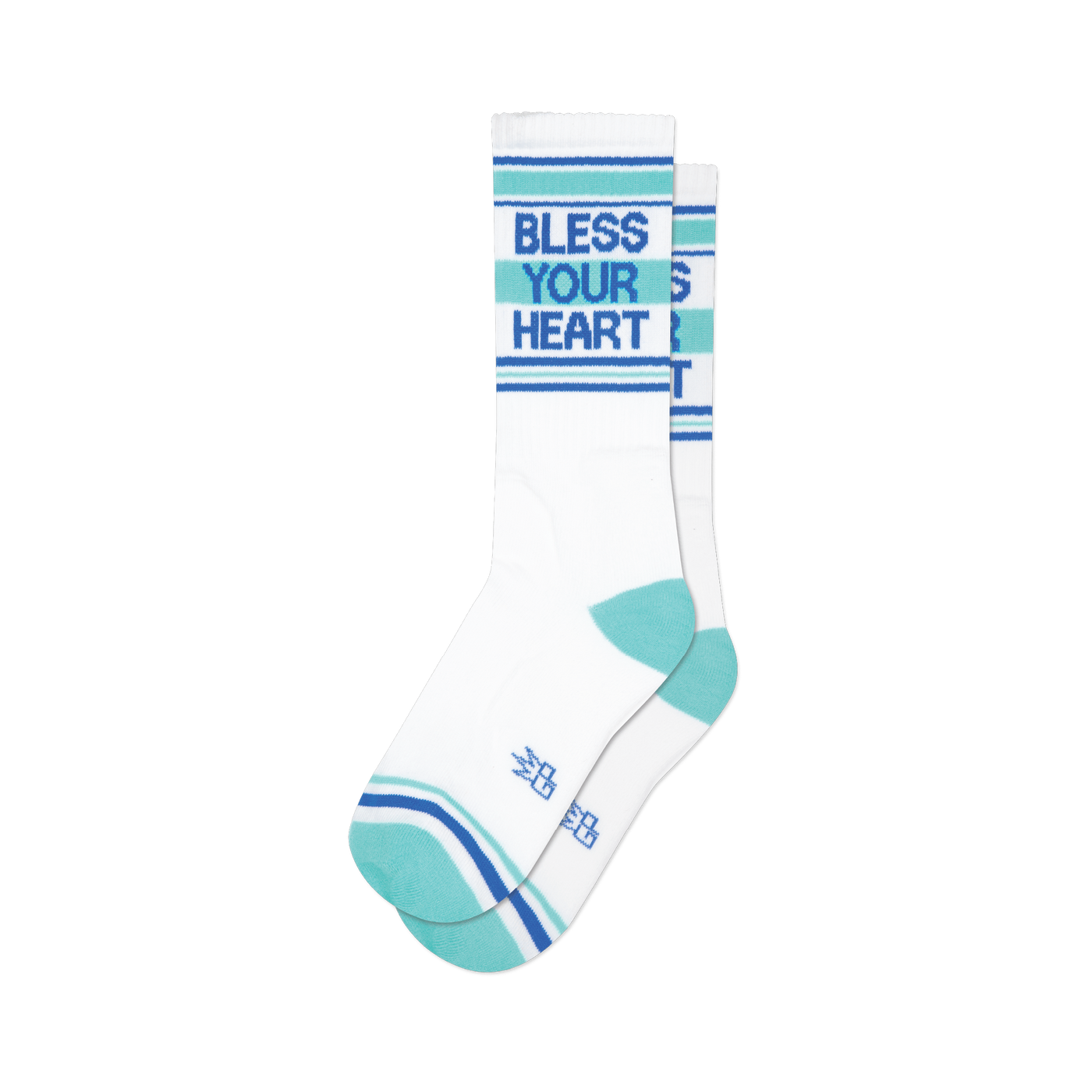 White crew socks featuring "Bless Your Heart" in blue and teal text, with matching stripes, teal heel and toe.