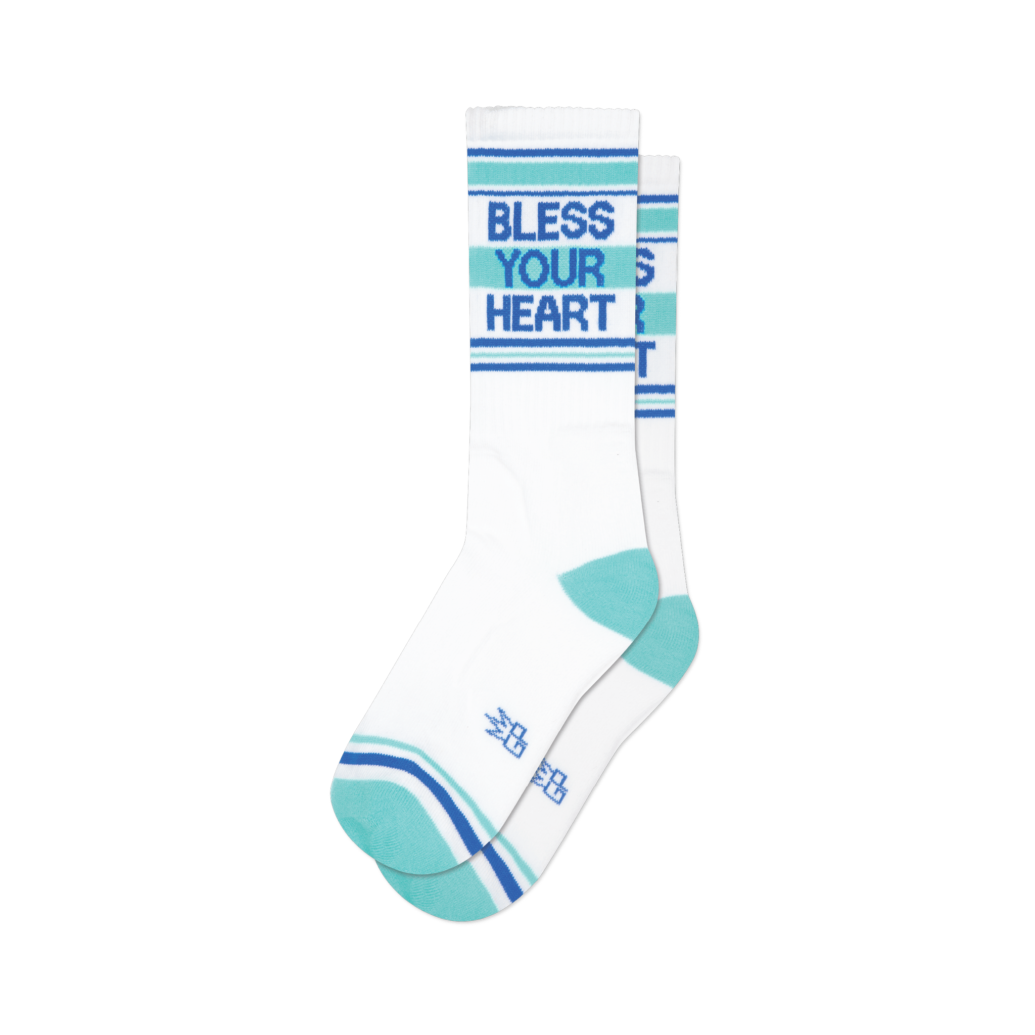 White crew socks featuring "Bless Your Heart" in blue and teal text, with matching stripes, teal heel and toe.