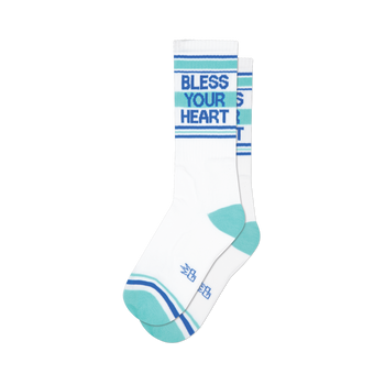 White crew socks featuring "Bless Your Heart" in blue and teal text, with matching stripes, teal heel and toe.