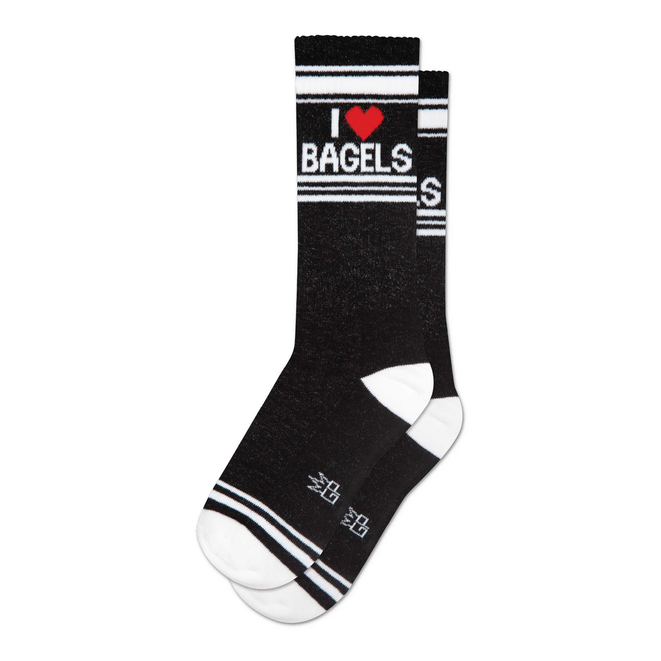 Pair of black crew socks with a white and red 'I Heart Bagels' design.  Features white stripes and a subtle sparkly texture.