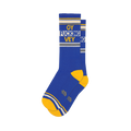 Pair of blue crew socks with yellow and white stripes and the phrase 'OY FUCKING VEY' in yellow lettering.