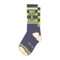 A pair of grey crew socks with neon yellow stripes and the phrase "Who Gives A Crap?" in white.