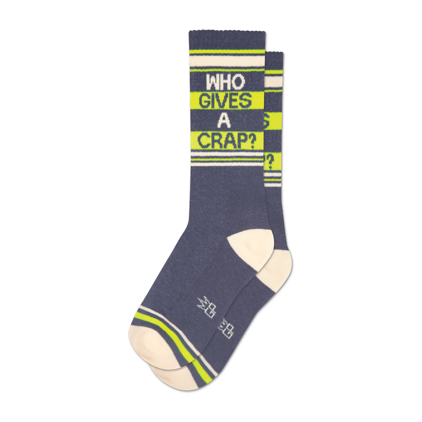 A pair of grey crew socks with neon yellow stripes and the phrase "Who Gives A Crap?" in white.