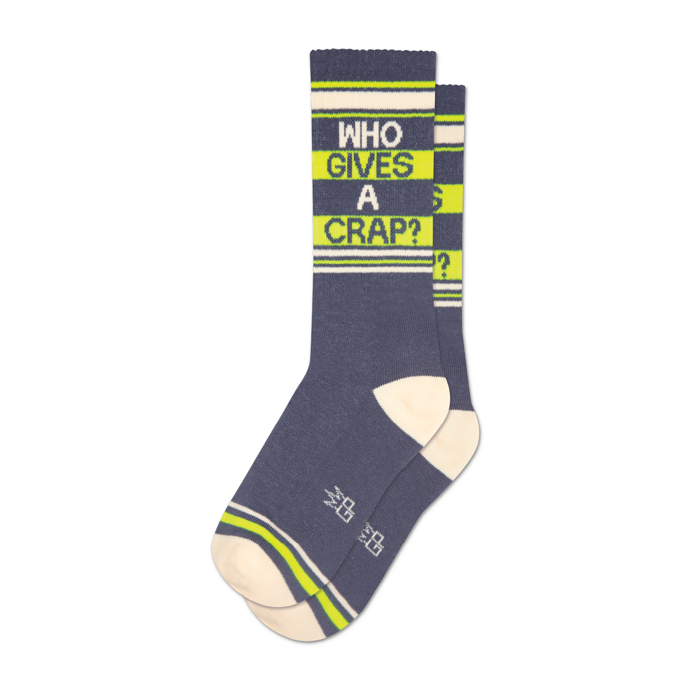 A pair of grey crew socks with neon yellow stripes and the phrase "Who Gives A Crap?" in white.