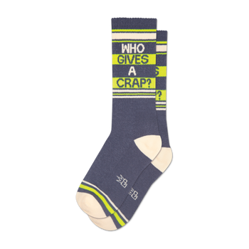 A pair of grey crew socks with neon yellow stripes and the phrase "Who Gives A Crap?" in white.
