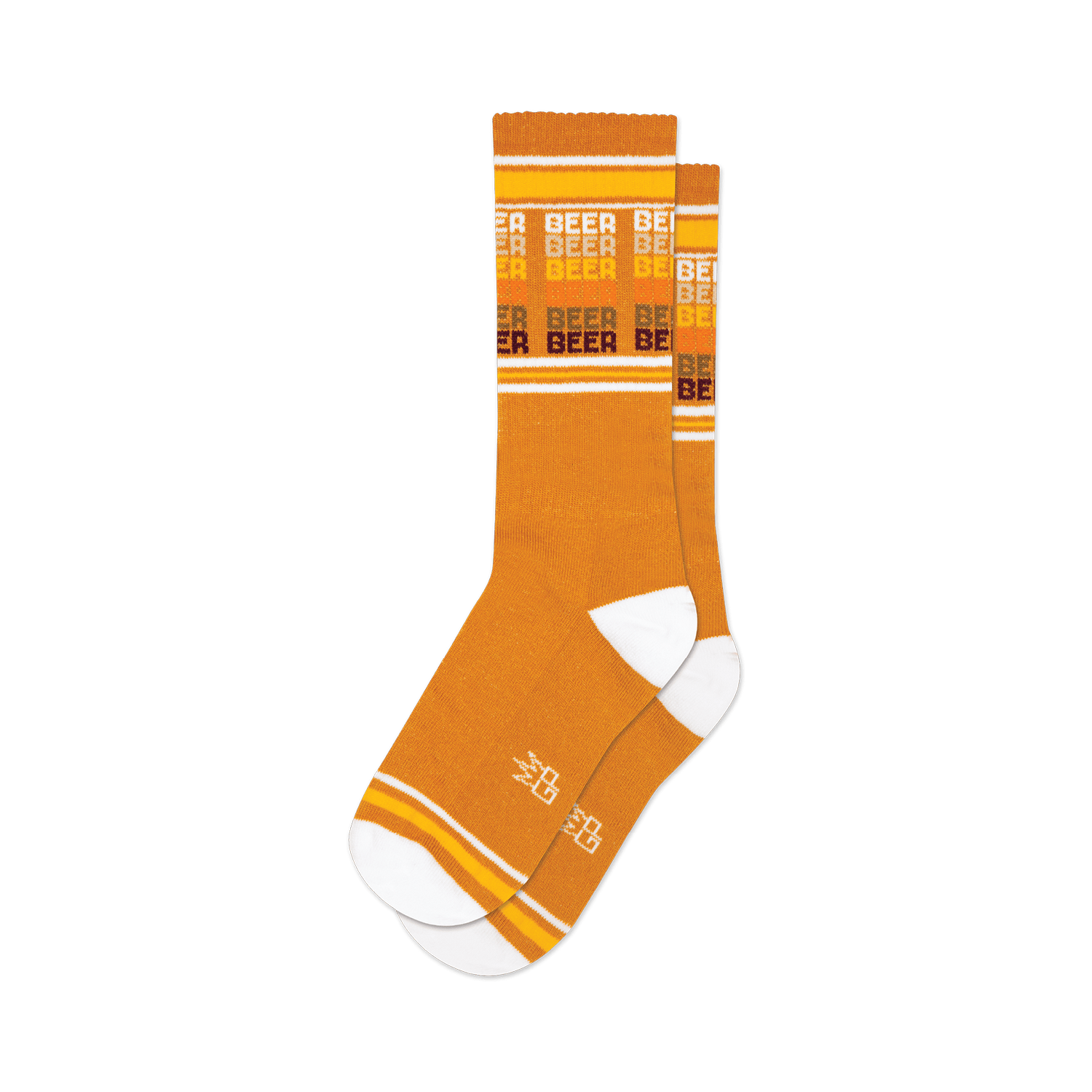 Pair of mustard yellow crew socks with horizontal stripes that say 'Beer' in a retro style font.  White and orange accents.