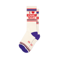 Pair of off-white crew socks with purple and red stripes.  'I Heart Romance Novels' is written in red on the socks.