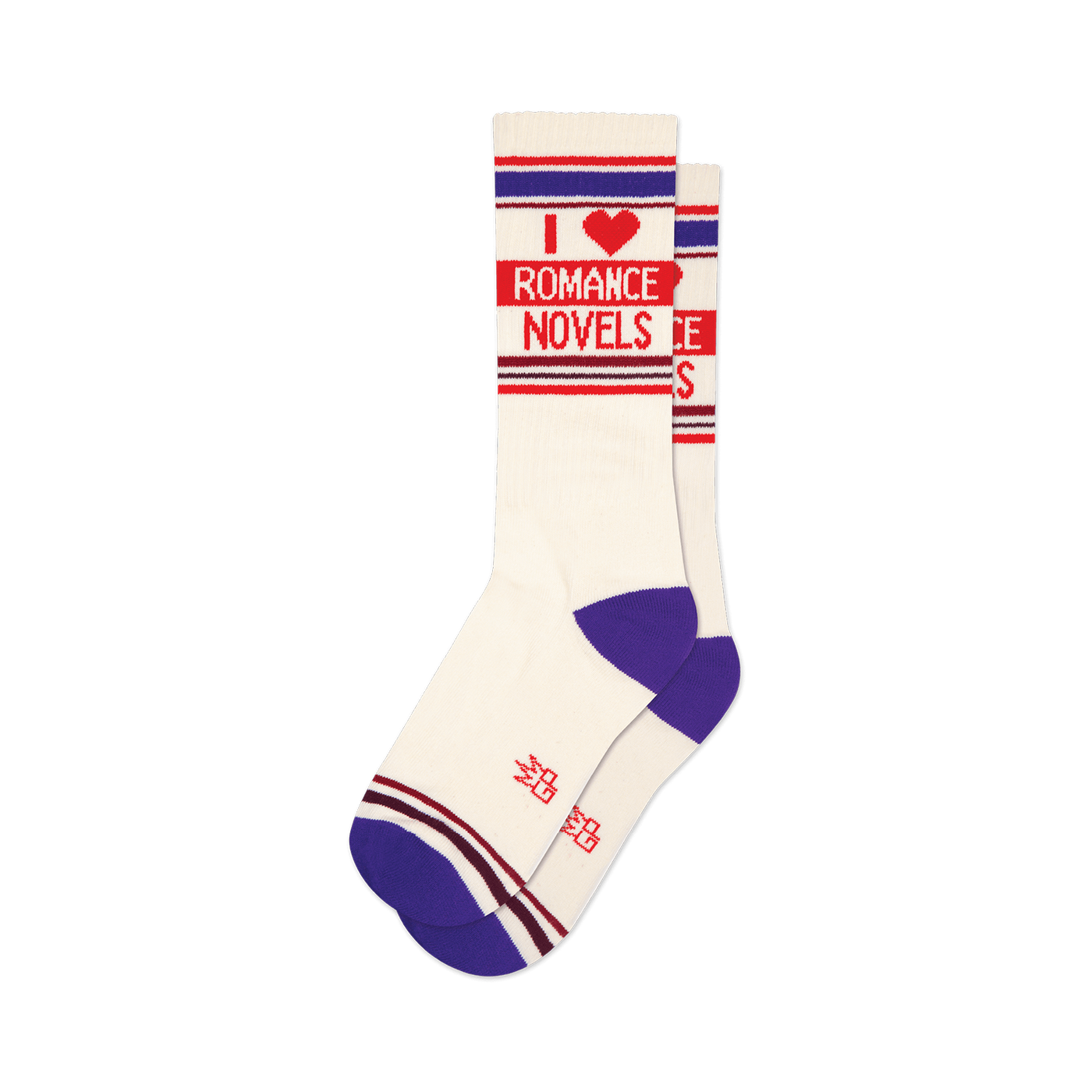 Pair of off-white crew socks with purple and red stripes.  'I Heart Romance Novels' is written in red on the socks.
