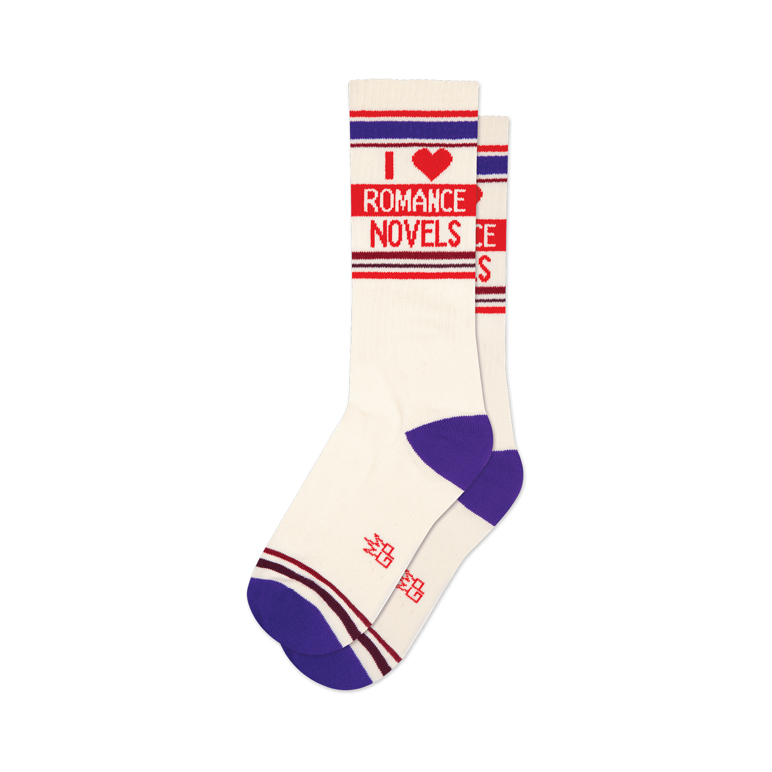 Pair of off-white crew socks with purple and red stripes.  'I Heart Romance Novels' is written in red on the socks.