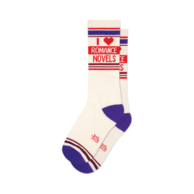 front view of white socks with red and blue stripes that say "i love romance novels".