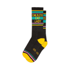 Pair of black crew socks with yellow, teal, and pink stripes.  'Childless Cat Lady' is written in yellow.