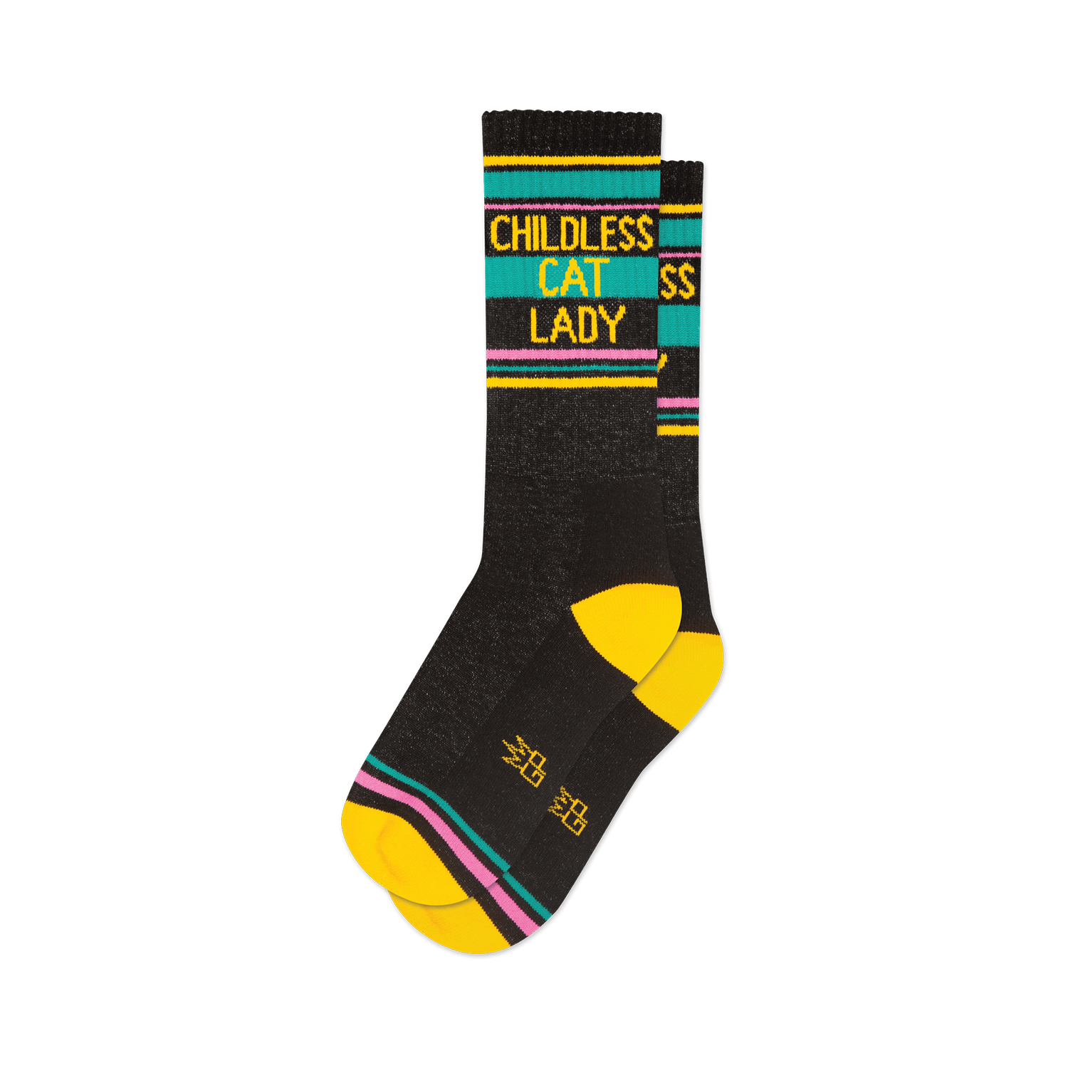 Pair of black crew socks with yellow, teal, and pink stripes.  'Childless Cat Lady' is written in yellow.