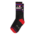 Pair of black crew socks with red and purple stripes.  Features a graphic that says 'I Heart Smut'. 