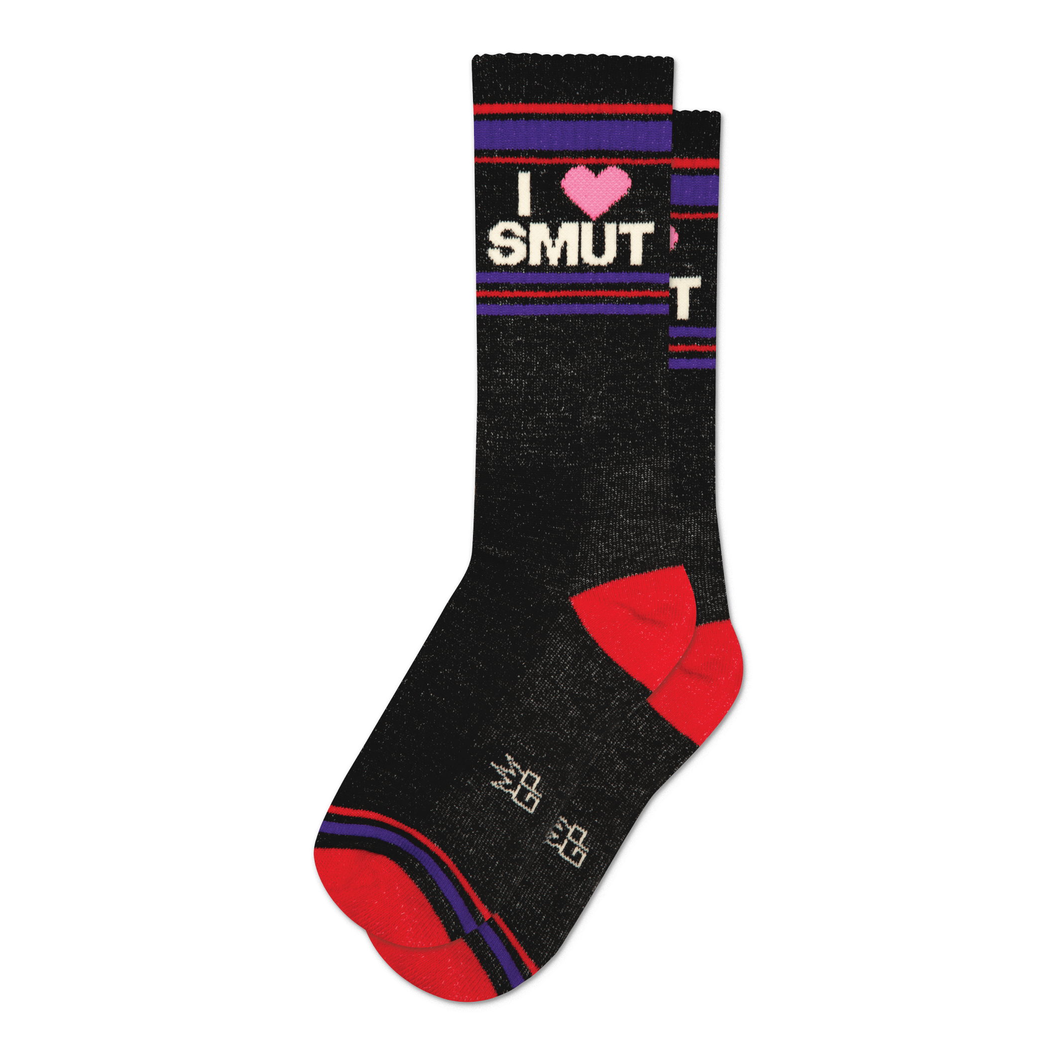 Pair of black crew socks with red and purple stripes.  Features a graphic that says 'I Heart Smut'. 