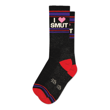 Pair of black crew socks with red and purple stripes.  Features a graphic that says 'I Heart Smut'. 