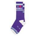 Pair of purple crew socks with white and teal stripes.  Features 'I Heart Romantasy' text and a small pink heart graphic.