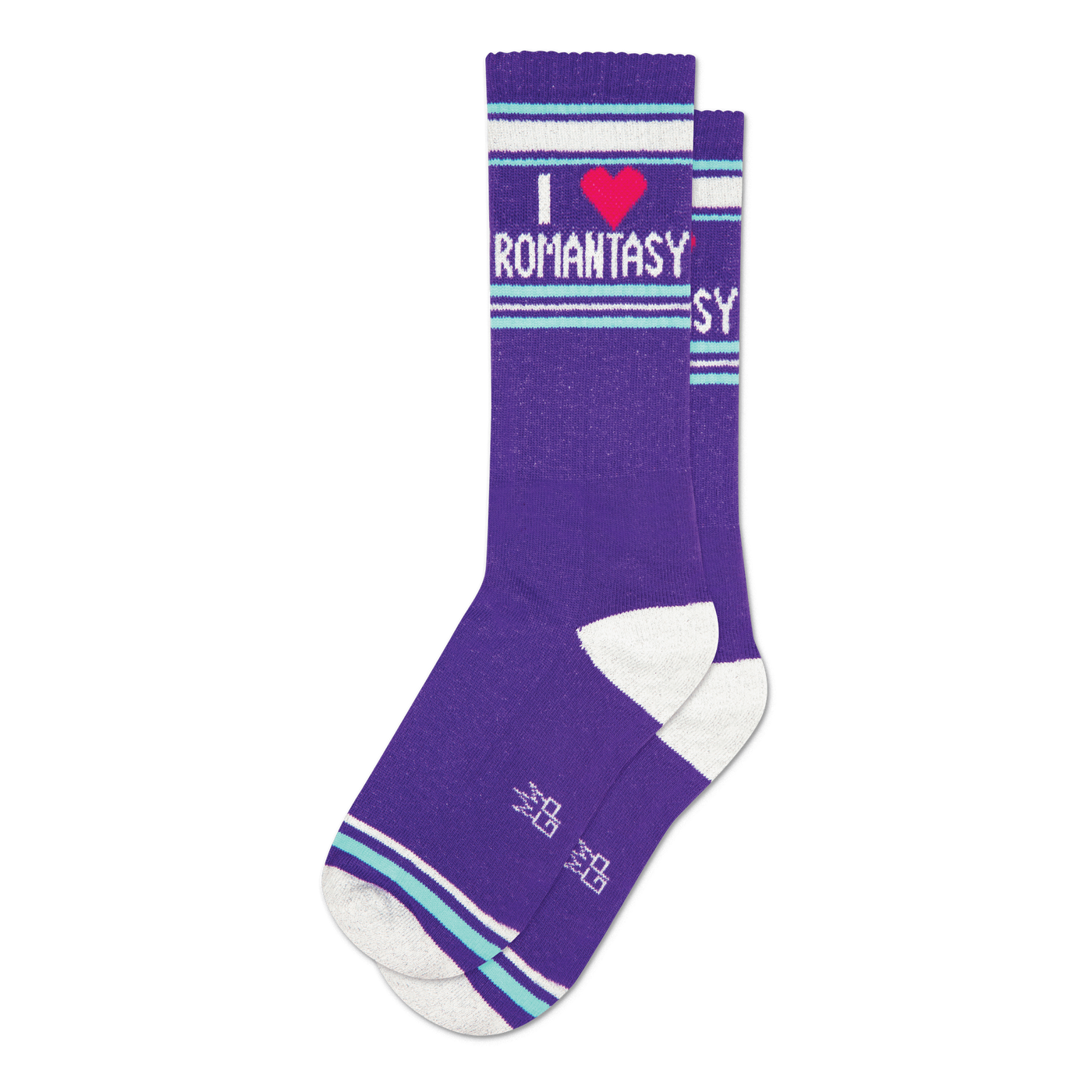 Pair of purple crew socks with white and teal stripes.  Features 'I Heart Romantasy' text and a small pink heart graphic.