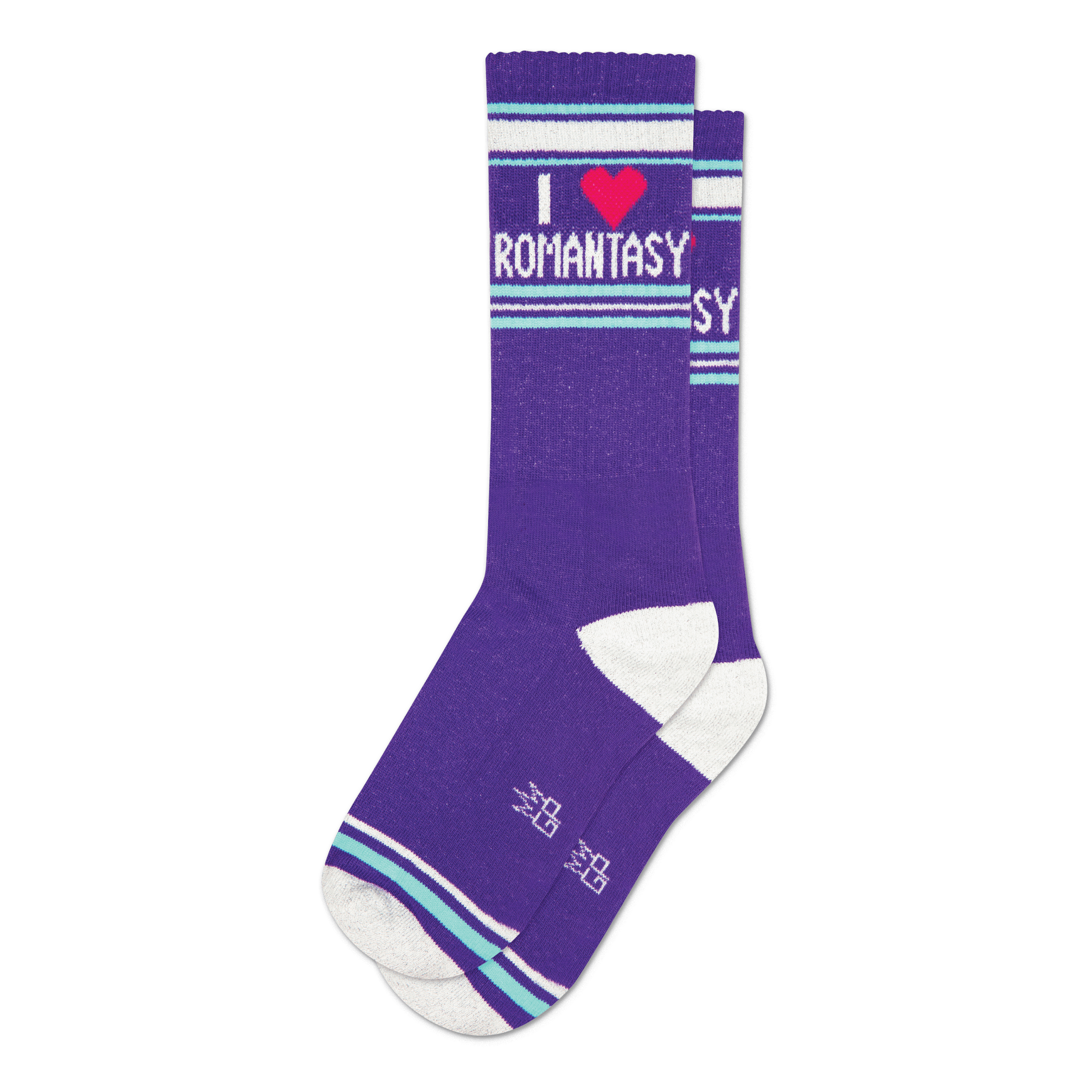 Pair of purple crew socks with white and teal stripes.  Features 'I Heart Romantasy' text and a small pink heart graphic.