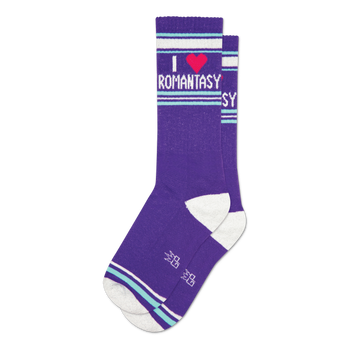 Pair of purple crew socks with white and teal stripes.  Features 'I Heart Romantasy' text and a small pink heart graphic.