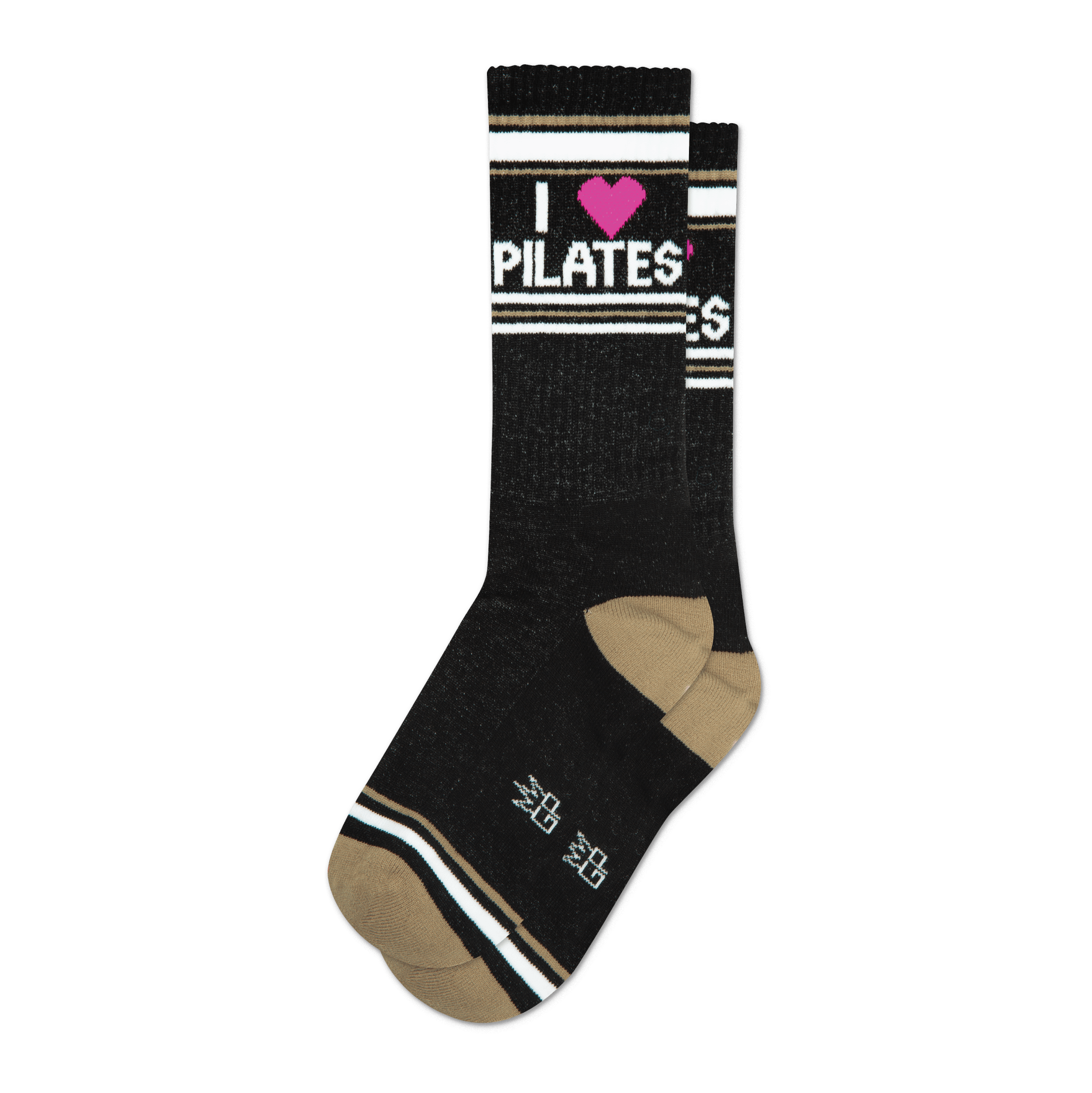 Pair of black crew socks with taupe stripes and a pink heart; 'I heart Pilates' is written on the socks.