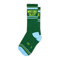 A pair of dark green crew socks with a light blue cuff and yellow 'NATURE SLUT' text.  Features thin yellow and olive green stripes.