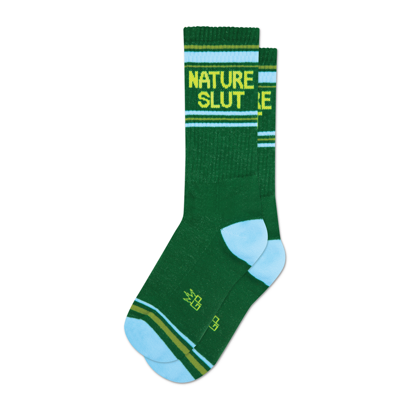 A pair of dark green crew socks with a light blue cuff and yellow 'NATURE SLUT' text.  Features thin yellow and olive green stripes.