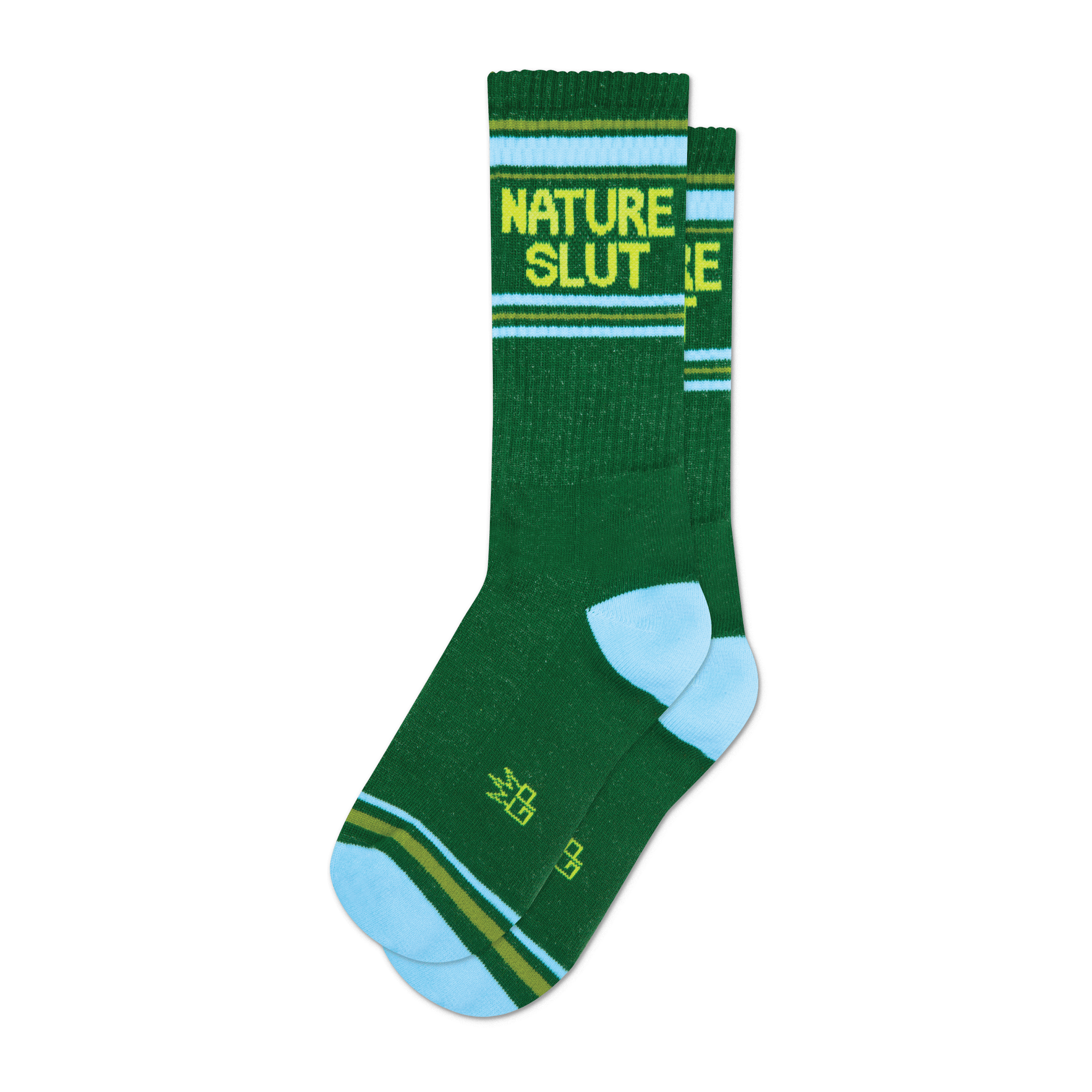 A pair of dark green crew socks with a light blue cuff and yellow 'NATURE SLUT' text.  Features thin yellow and olive green stripes.