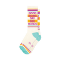Pair of cream crew socks with teal, orange, and purple stripes and the phrase 'Good Moms Say Bad Words' in pink.