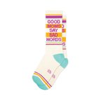 Pair of cream crew socks with teal, orange, and purple stripes and the phrase 'Good Moms Say Bad Words' in pink.